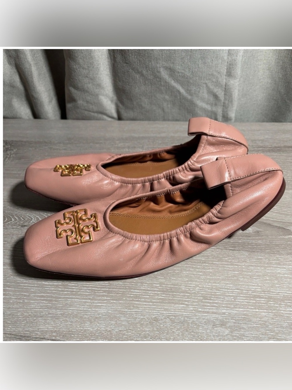 Tory Burch Dusty Pink Leather Eleanor Ballet Flats with Gold Logo 9.5